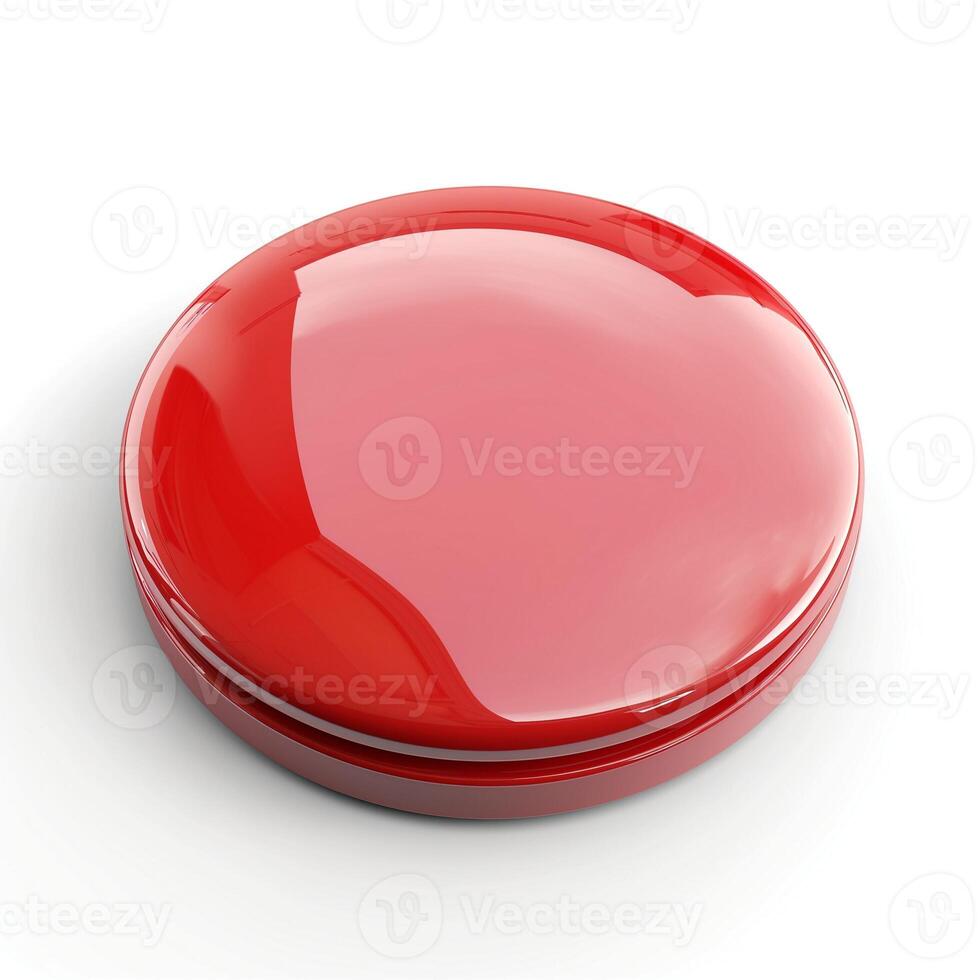 A glossy, round red button resting on a clean, reflective surface. photo