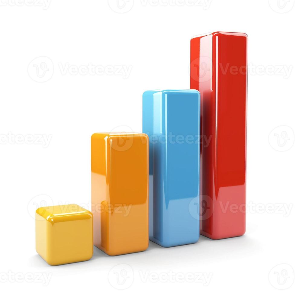 Colorful 3D bar graph depicting growth, highlighting vibrant orange, blue, and red bars against a clean, white background. photo