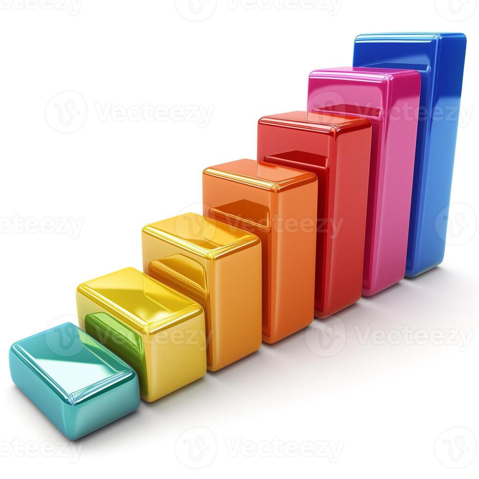 Colorful, glossy 3D bars in a growing chart pattern illustrating progress and success. photo