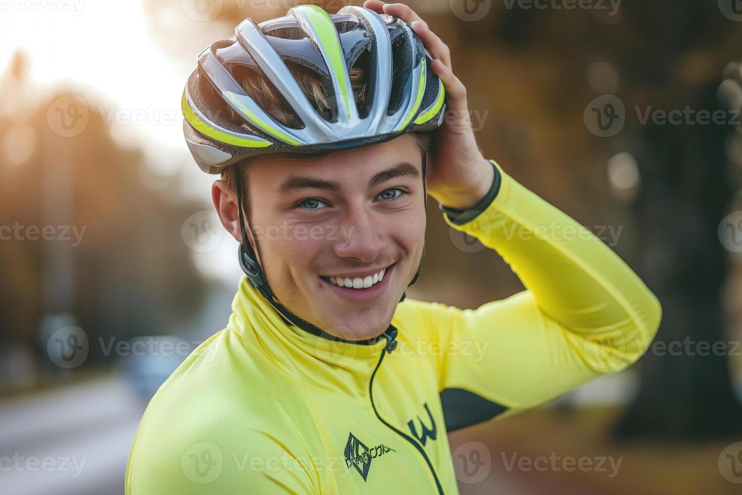 A young Caucasian male cyclist smiles confidently while adjusting his bright helmet during a sunny day outdoors. photo