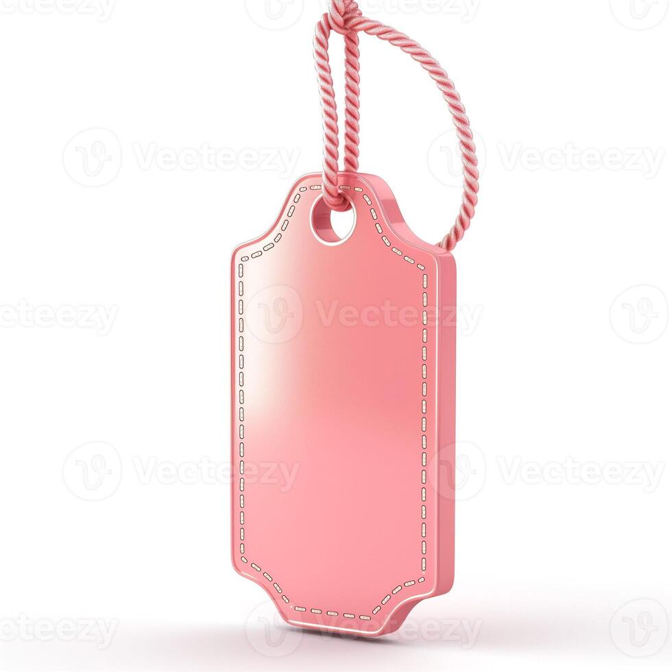 A pink price tag featuring a rope for hanging, showcasing a sleek and minimalistic design. photo
