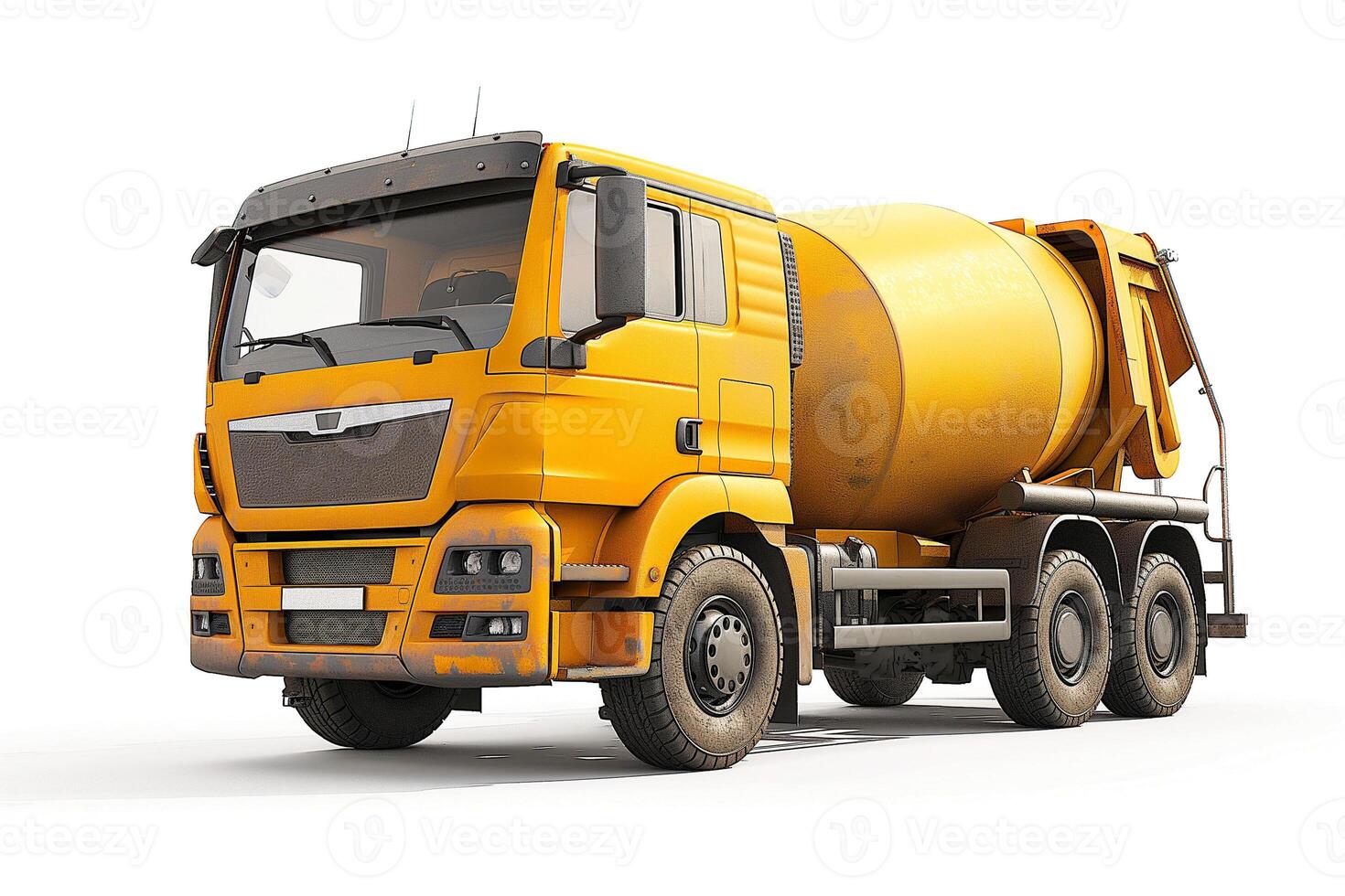 A bright yellow cement mixer truck parked on a clean white background, showcasing its modern design and robust features. photo