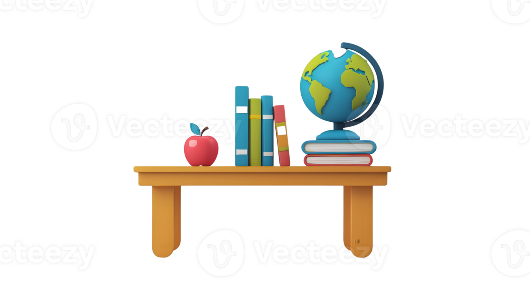 Educational Setup with Apple, Books, and Globe on a Wooden Desk for Learning and Teaching png