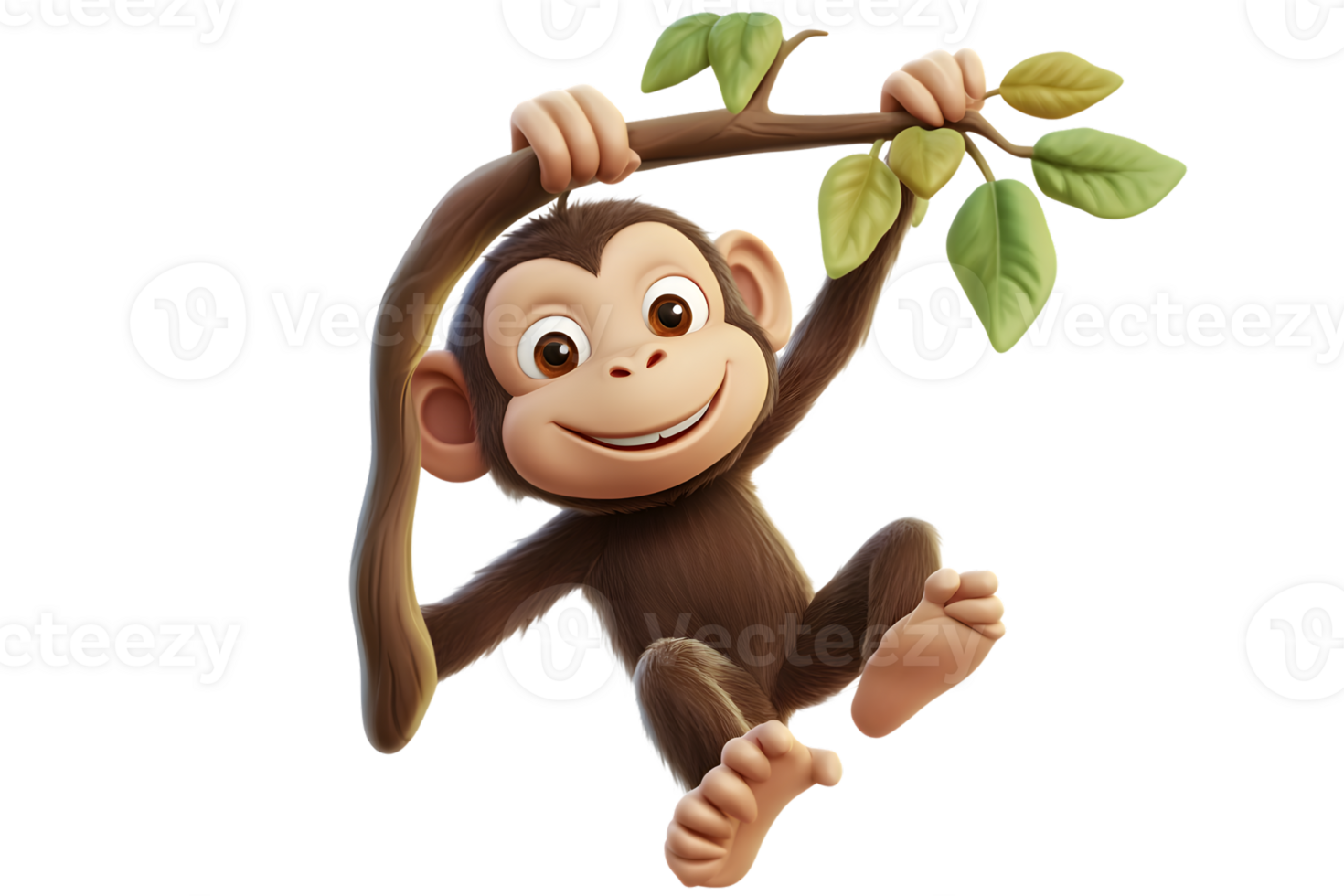 Cute cartoon monkey swinging from a branch png