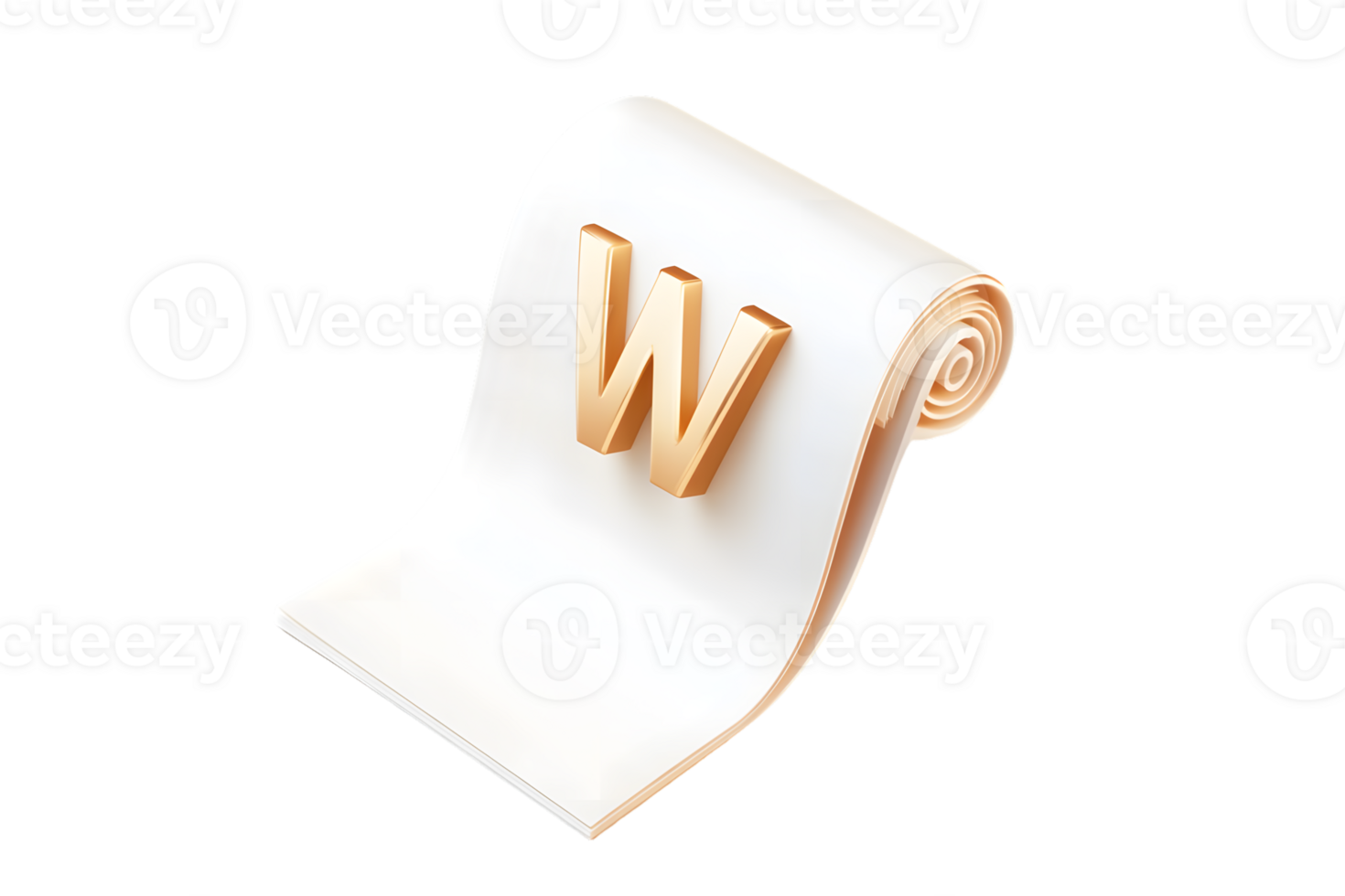 Rolled Paper with Gold Letter W 3D Render Illustration png