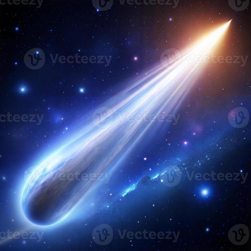 A stunning comet streaks across the cosmos, illuminated by vivid blue and orange hues against a starry backdrop. photo