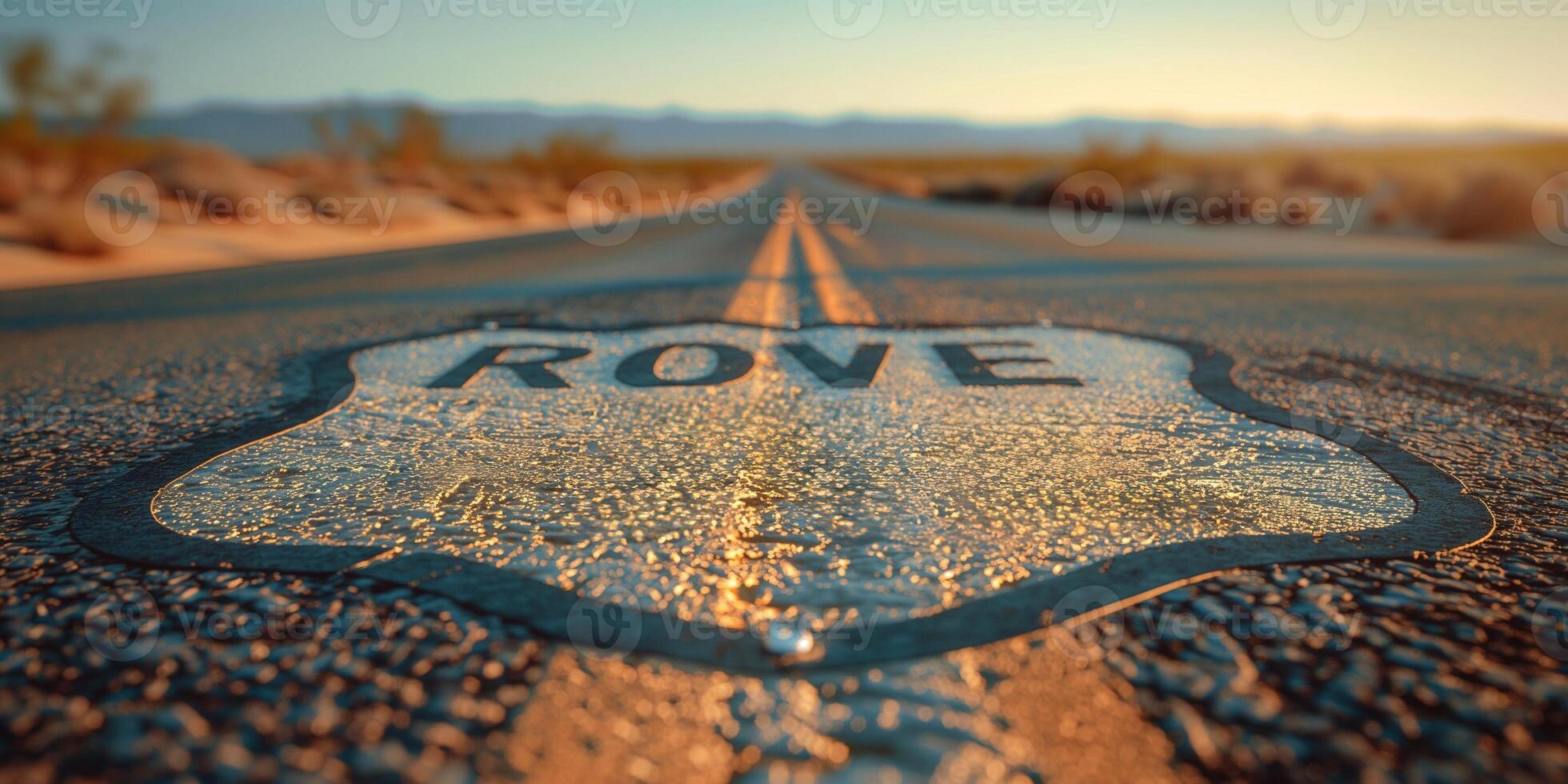 A serene desert highway with a close-up view of a faded road sign reading 'ROVE', bathed in golden sunset light. photo