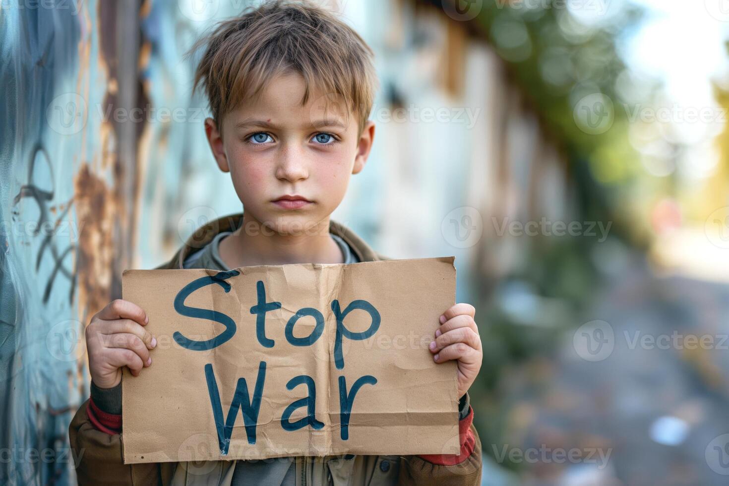 A young Caucasian boy holds a cardboard sign reading 'Stop War', expressing a powerful message against violence. photo