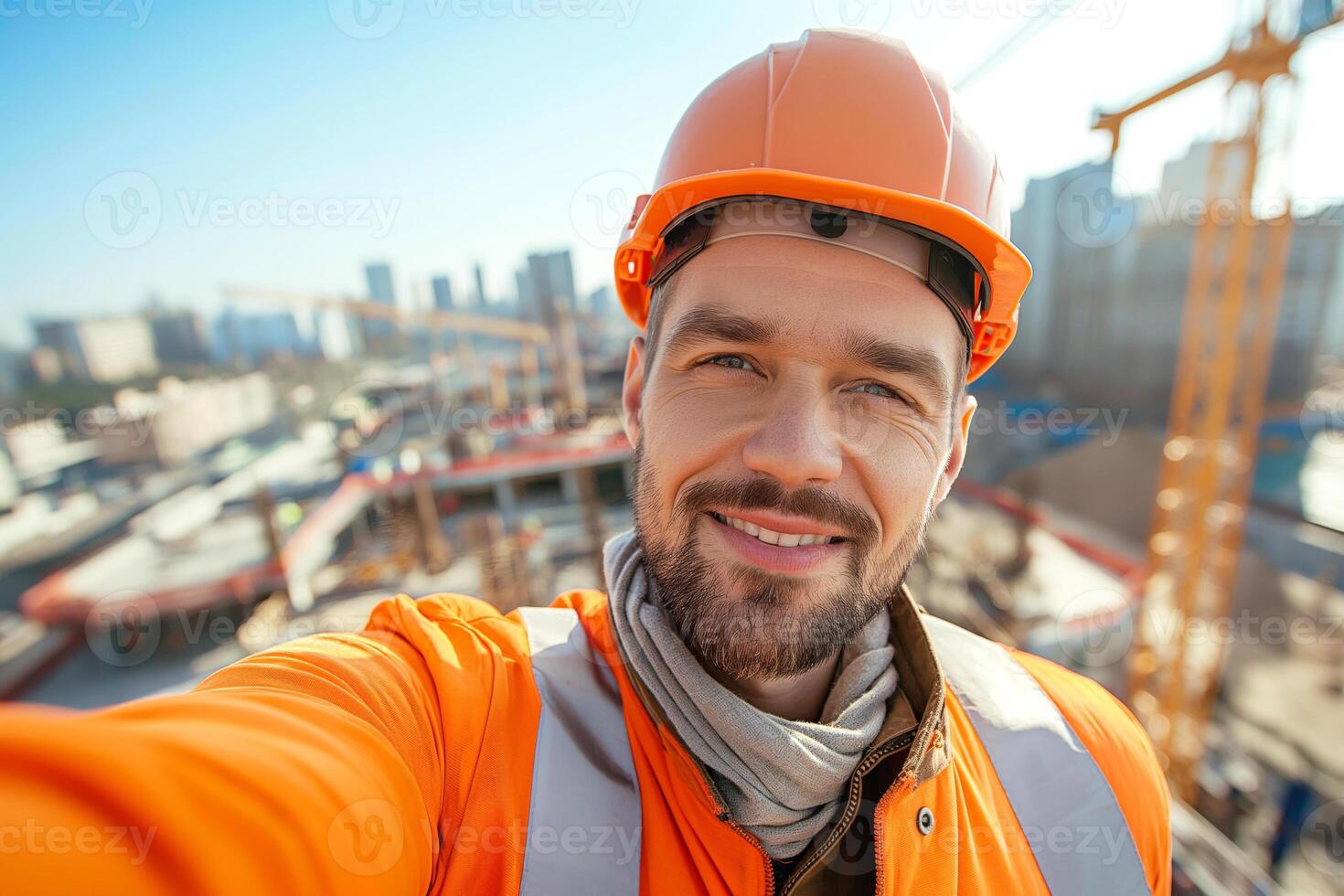A smiling Caucasian male construction worker in an orange helmet and safety jacket, posing confidently at a construction site. photo