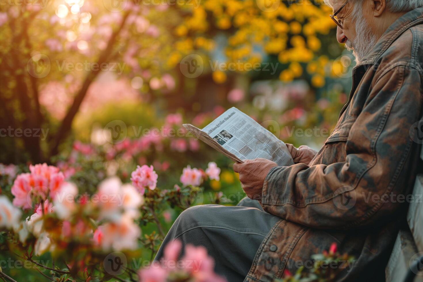 An elderly Caucasian man reads a newspaper in a vibrant garden filled with colorful flowers, basking in the warm sunlight. photo