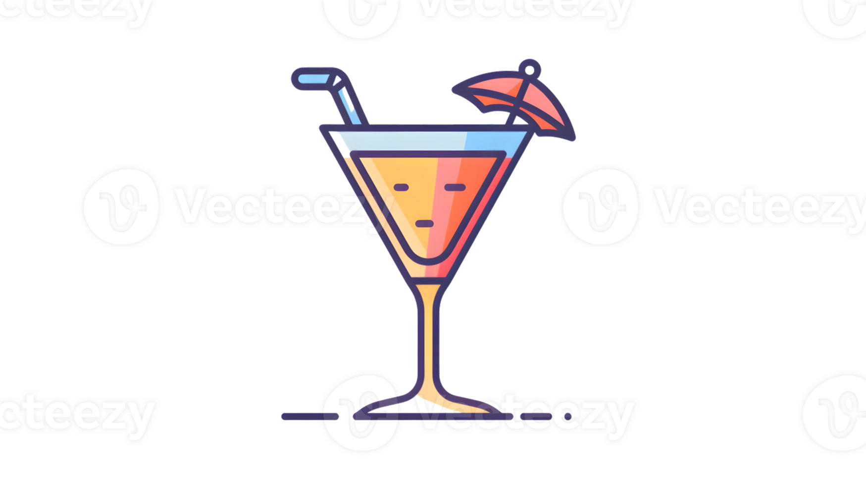 A colorful cocktail in a martini glass with a straw and umbrella perfect for party themes and png