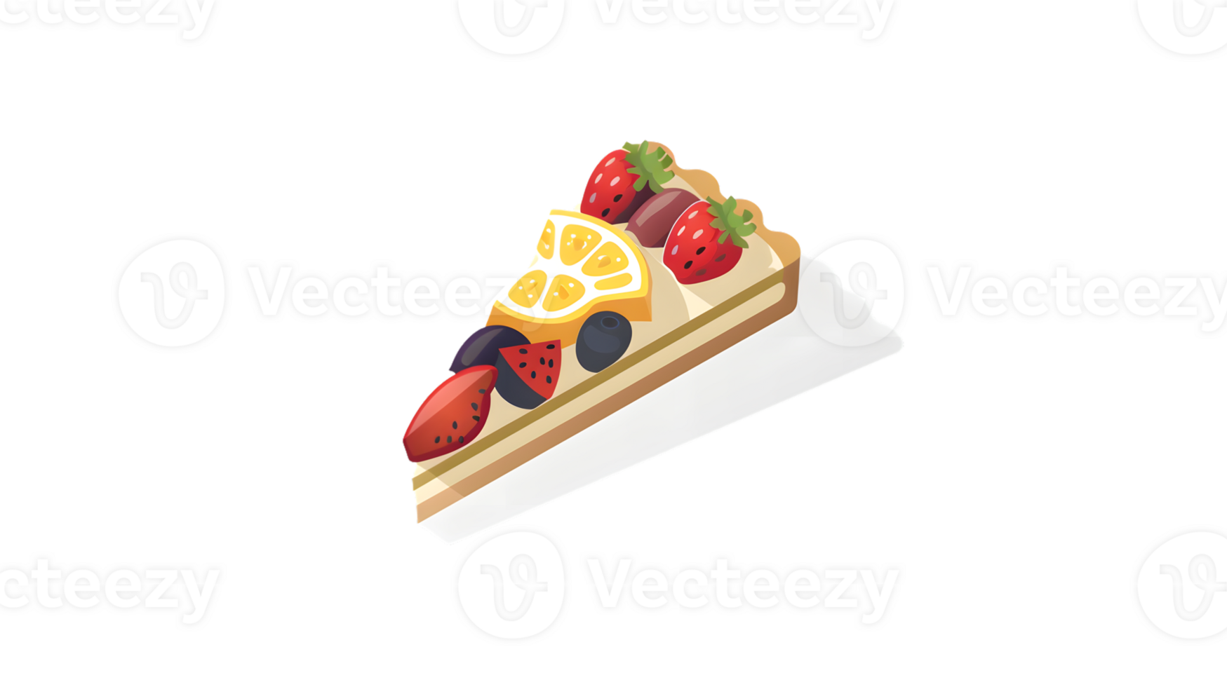 A slice of fruittopped cake with strawberries blueberries and lemon slices on a white plate png