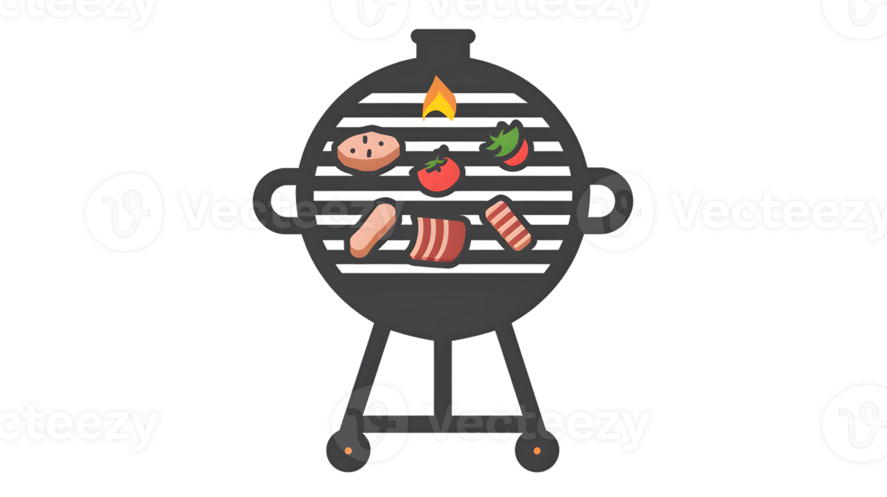 Outdoor Grilling Fun A Cartoon Barbecue with Sizzling Meat Vegetables and Flames on a Portab png