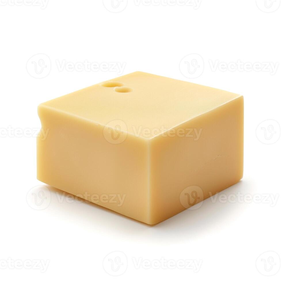 A close-up of a yellow square cheese block, showcasing its smooth texture and clean edges. photo