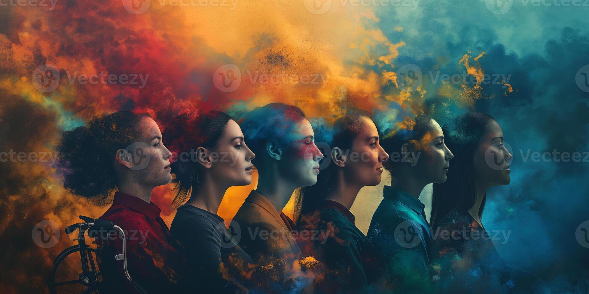 A diverse group of six women of different ethnicities, reflecting strength and resilience amidst vibrant colors and smoke. photo