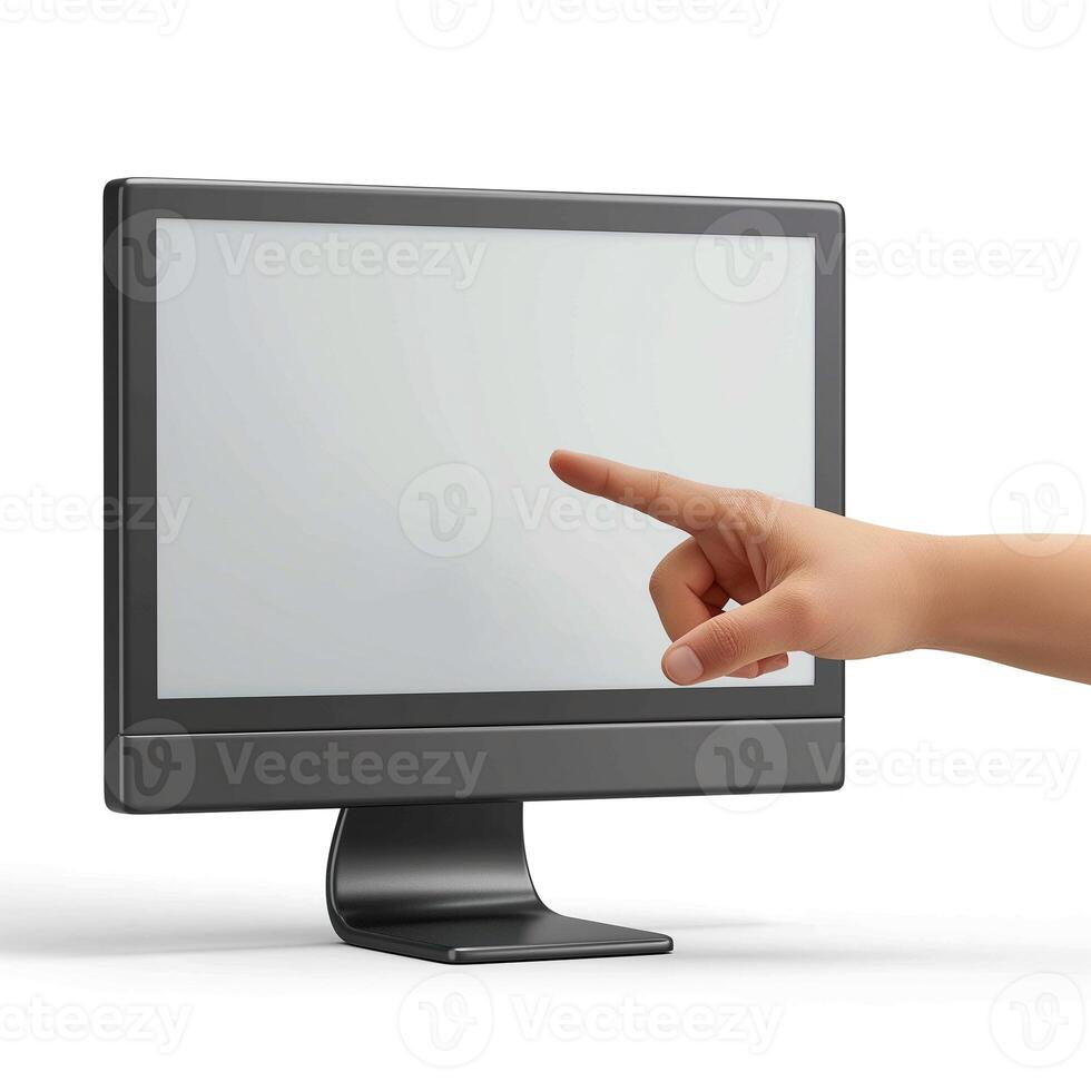 A close-up of a hand reaching toward a blank computer screen, symbolizing interaction and technology. photo
