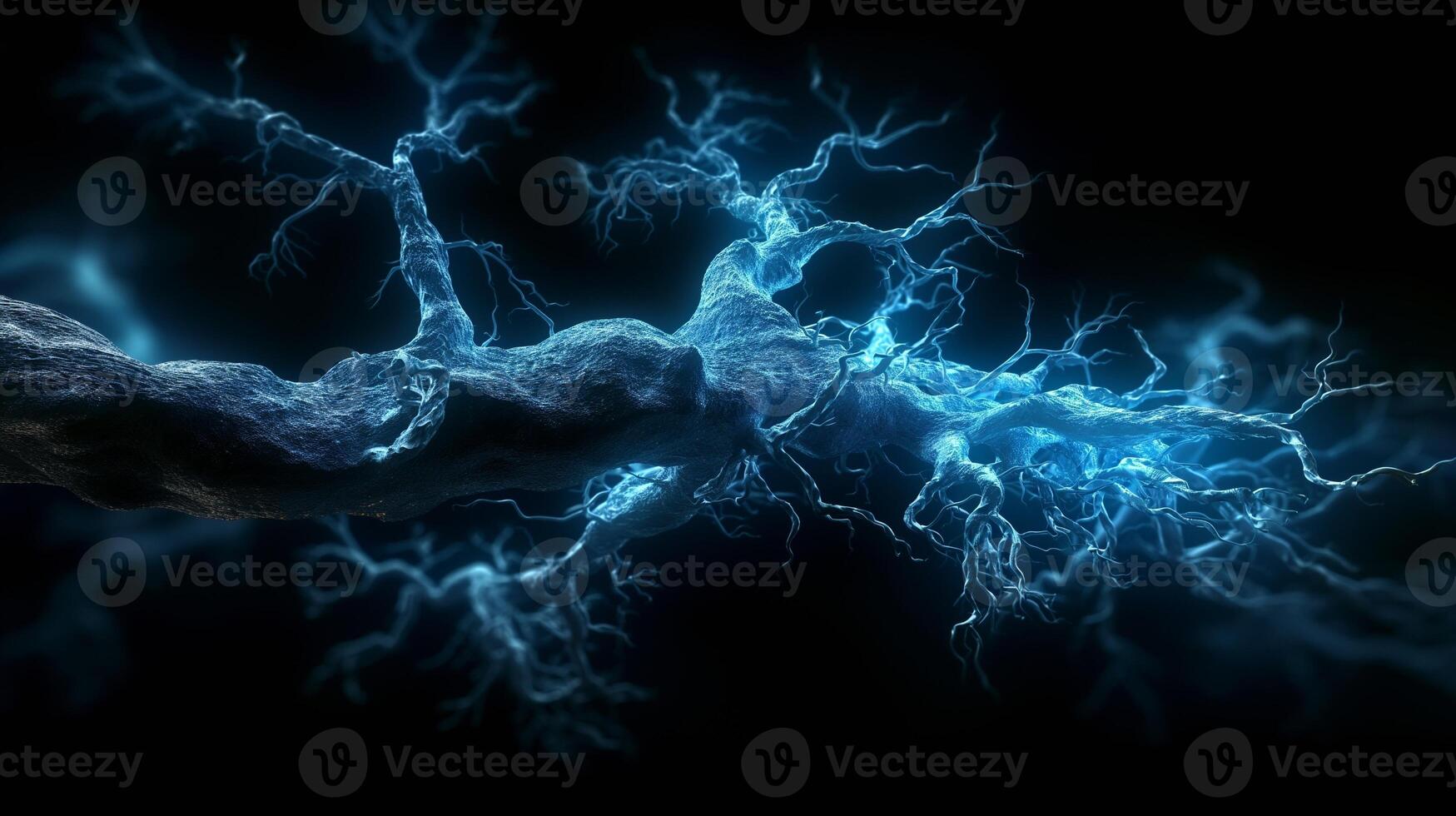 A detailed depiction of glowing neural connections in a dark environment, showcasing the intricate network of synapses. photo