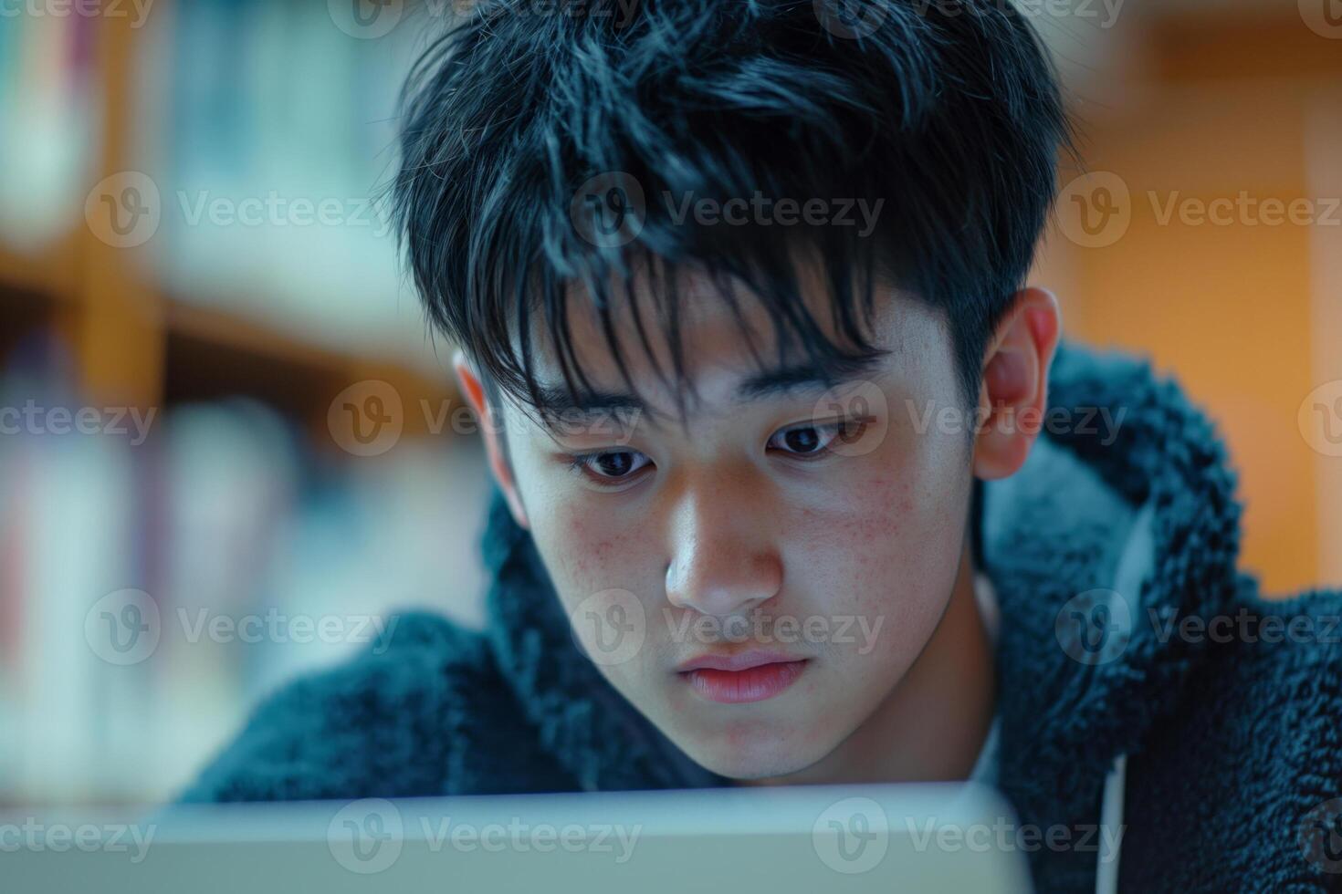 Focused young Asian male student engrossed in studying with a laptop in a cozy library setting. photo