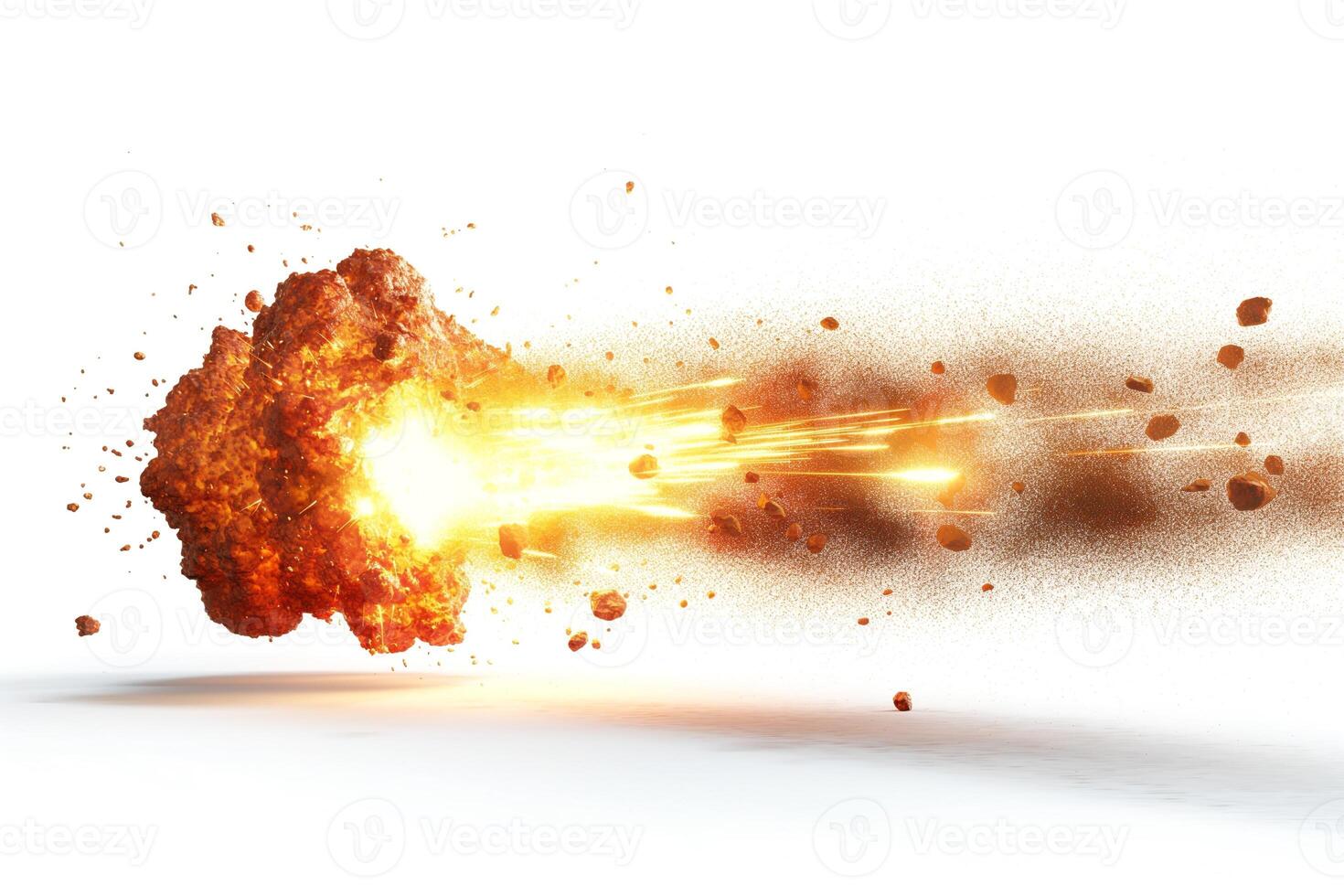 A vibrant explosion with fiery orange hues and flying debris, capturing dynamic energy in motion. photo