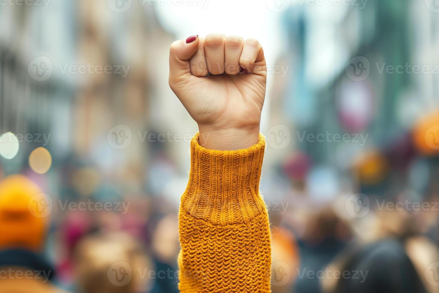 A close-up of a raised fist wearing a yellow sweater, symbolizing unity and strength amidst a crowd. photo