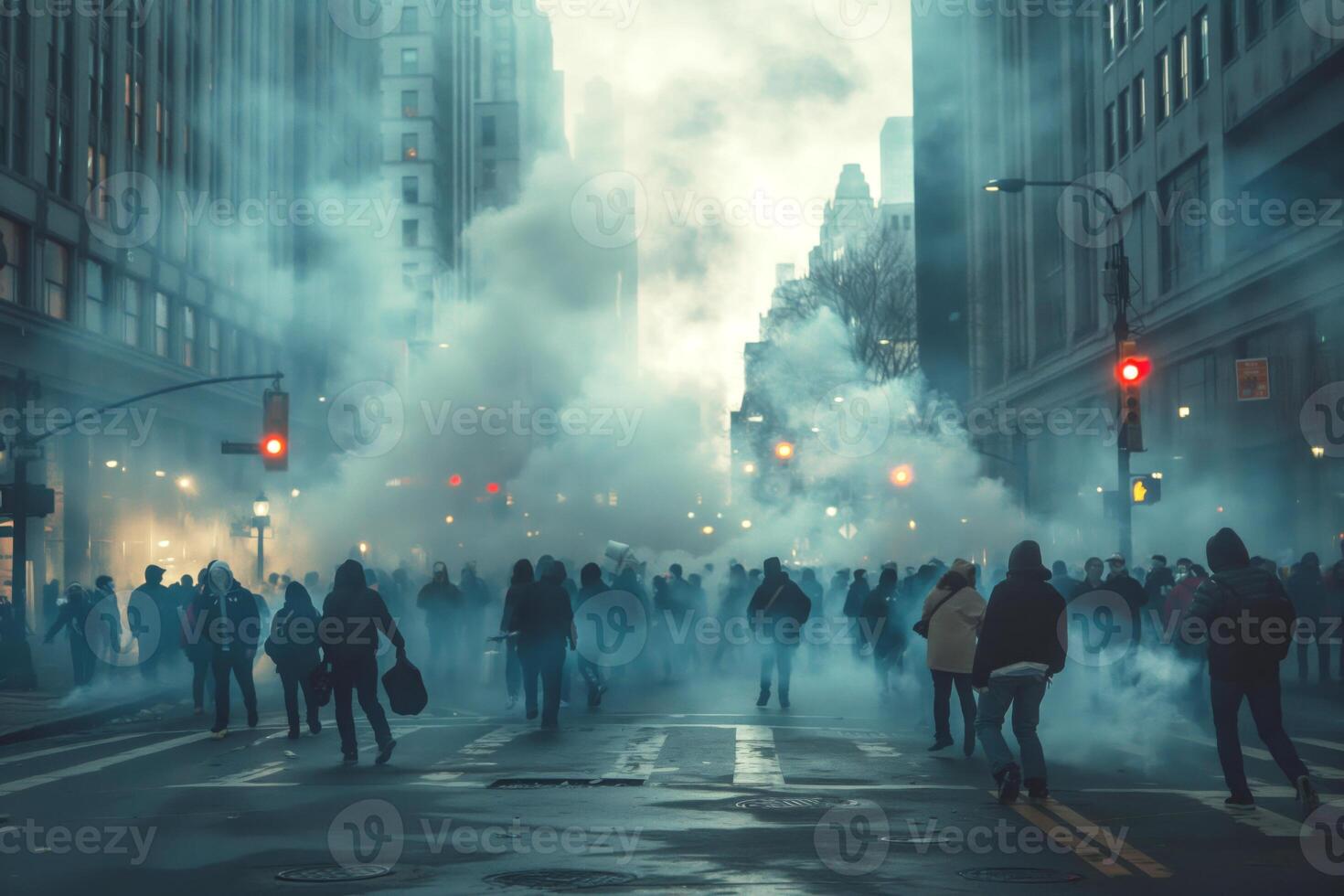 A diverse crowd of silhouettes in a foggy urban street, illustrating a moment of tension and unrest. photo