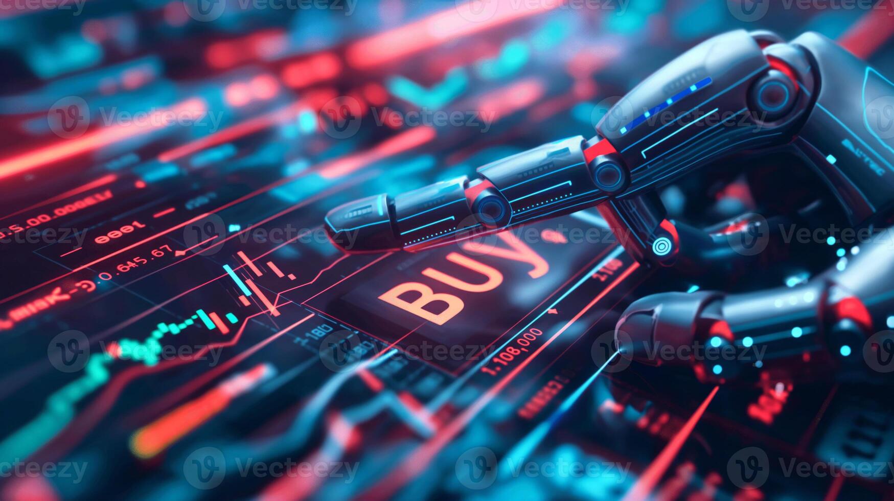 A robotic hand poised above a digital 'Buy' button, representing AI in trading and finance. Vibrant neon colors enhance the futuristic theme. photo