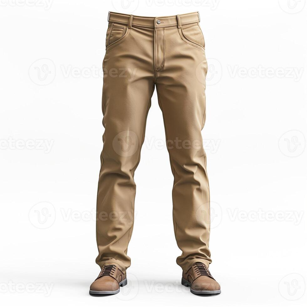 Men's casual beige pants paired with brown shoes, perfect for relaxed or semi-formal attire. photo