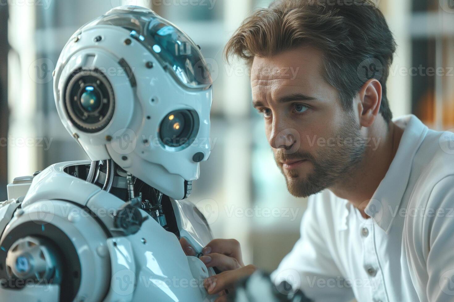 A focused young Caucasian man carefully examines a humanoid robot with a sleek design, highlighting the fusion of technology and humanity. photo