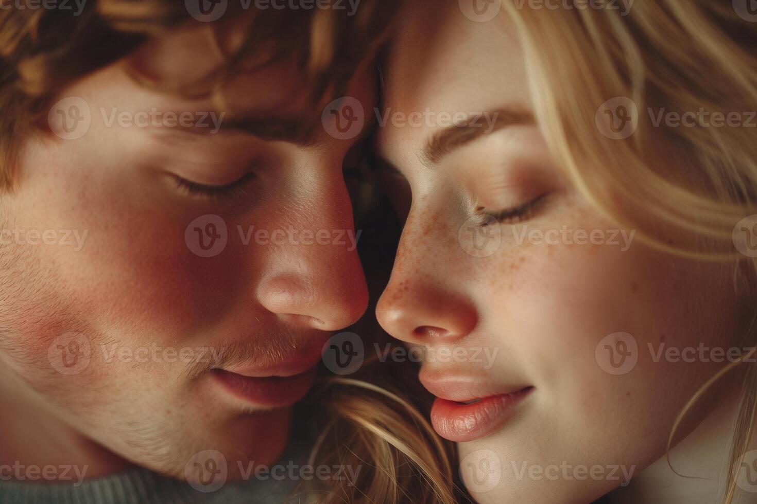 A tender moment shared between a young Caucasian couple, their foreheads gently touching with eyes closed, radiating warmth and intimacy. photo
