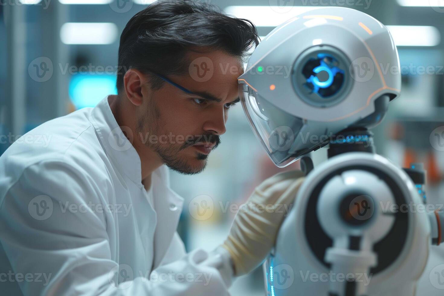 A focused male scientist examines a humanoid robot, highlighting the fusion of human innovation and technology. photo