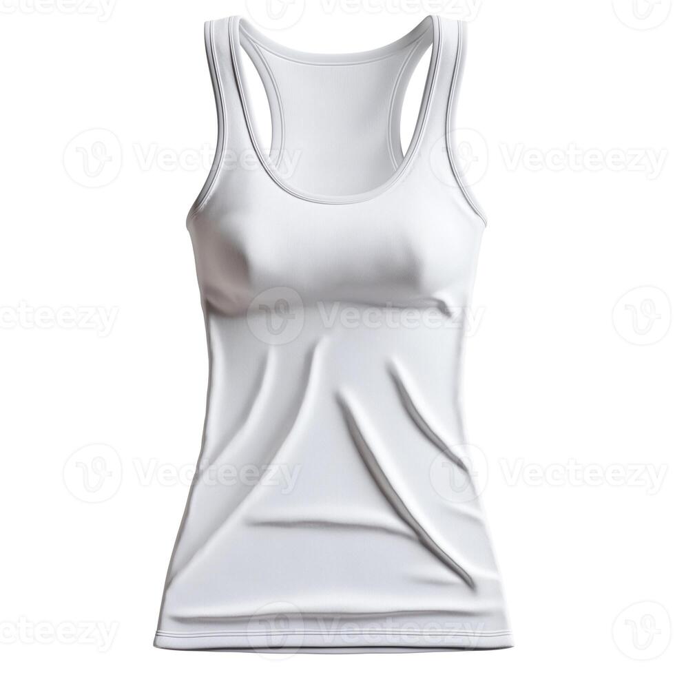 A close-up view of a plain white women's tank top, showcasing its smooth texture and fitted design. photo