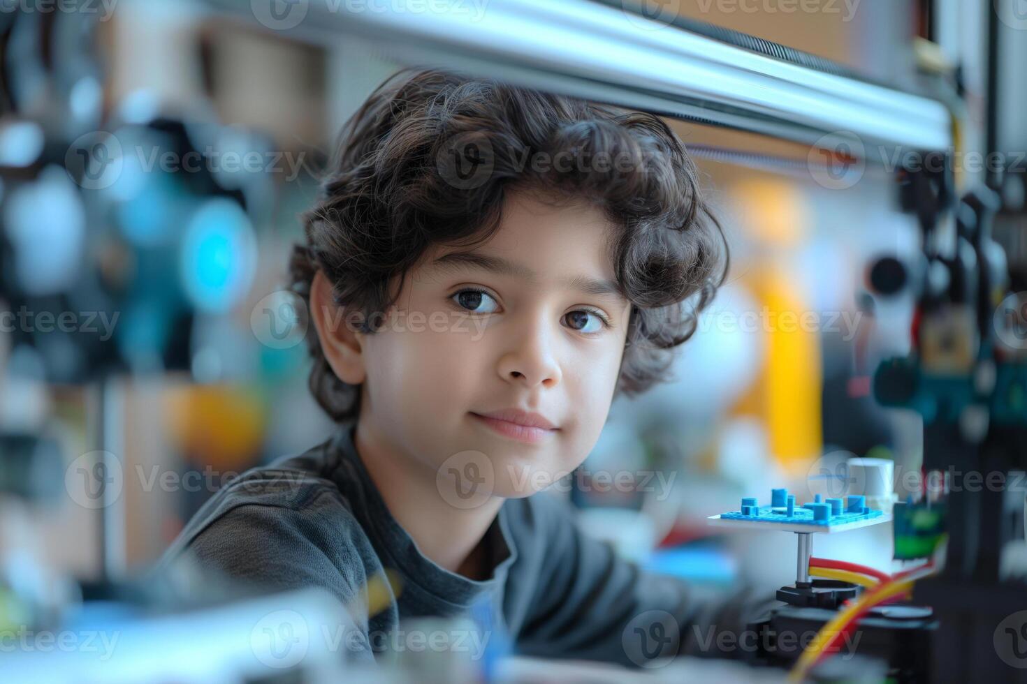 A young Middle-Eastern boy with curly hair focuses intently on a 3D printer in a bright workshop. photo