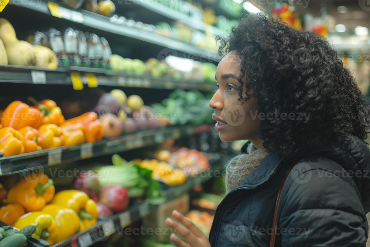 A young Black woman admires fresh produce in a grocery store, surrounded by vibrant fruits and vegetables. photo