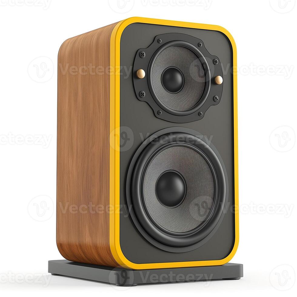 Stylish two-way speaker with wood finish and vibrant yellow accent, perfect for any modern audio setup. photo
