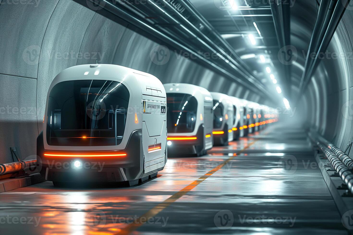 Futuristic autonomous transport pods lined up in a sleek underground tunnel, showcasing modern technology and innovation. photo
