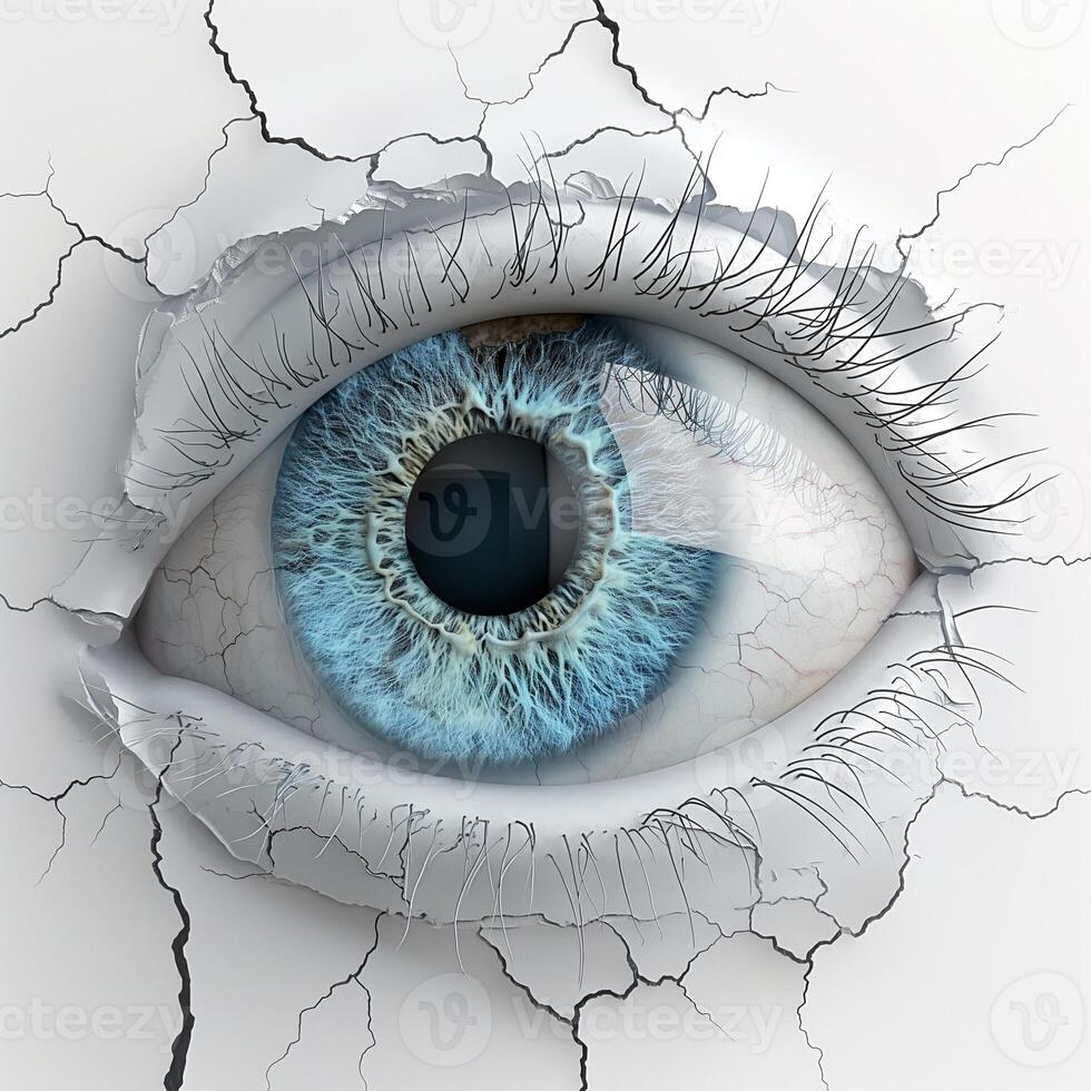 An artistic close-up of a blue human eye emerging from cracked white surface, symbolizing strength and resilience. photo