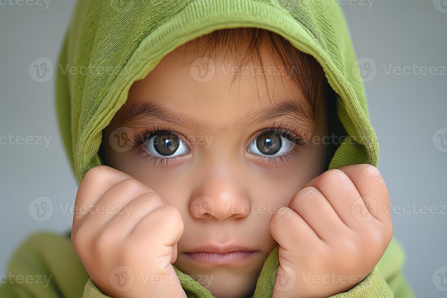 A close-up portrait of a young Hispanic boy with big brown eyes, wearing a green hoodie and showing a shy expression. photo