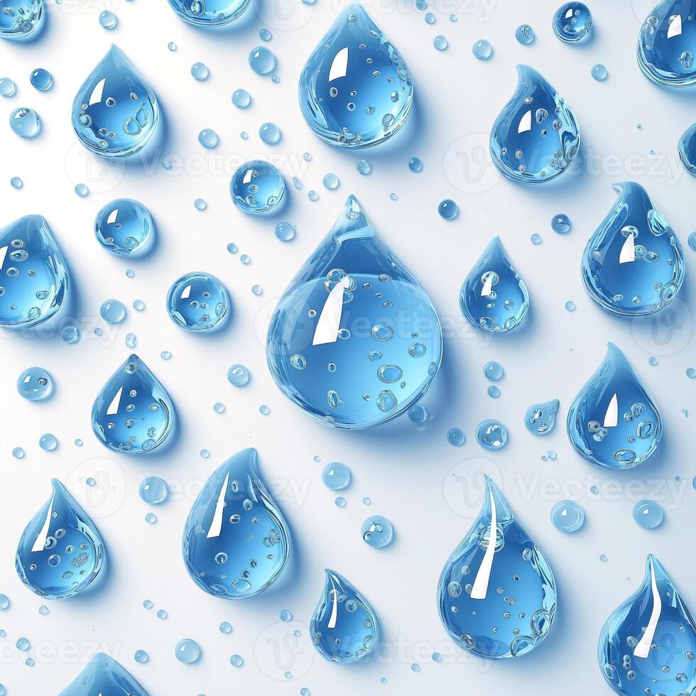 A collection of vibrant blue water droplets on a light background, creating a refreshing and clean aesthetic. photo