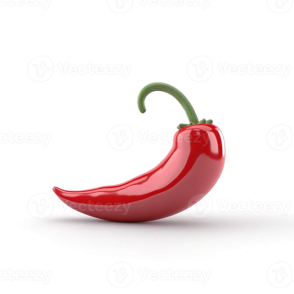 A vibrant red chili pepper with a glossy surface and curled green stem, symbolizing spice and flavor. photo