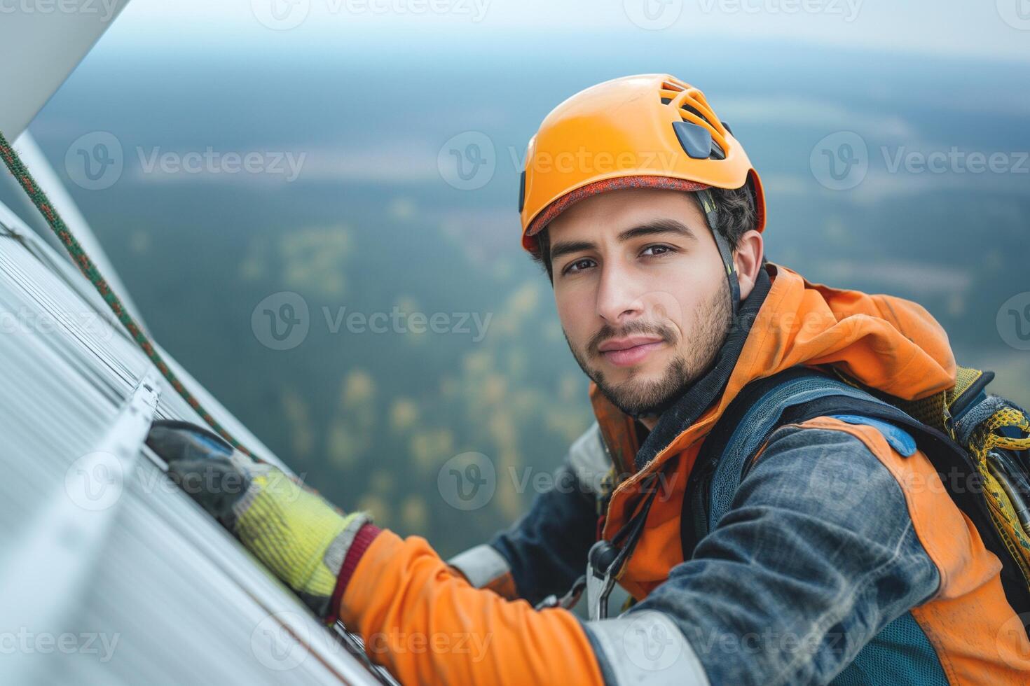 A young male climber in a hard hat and harness tackling a high-rise task, showcasing determination and focus. photo