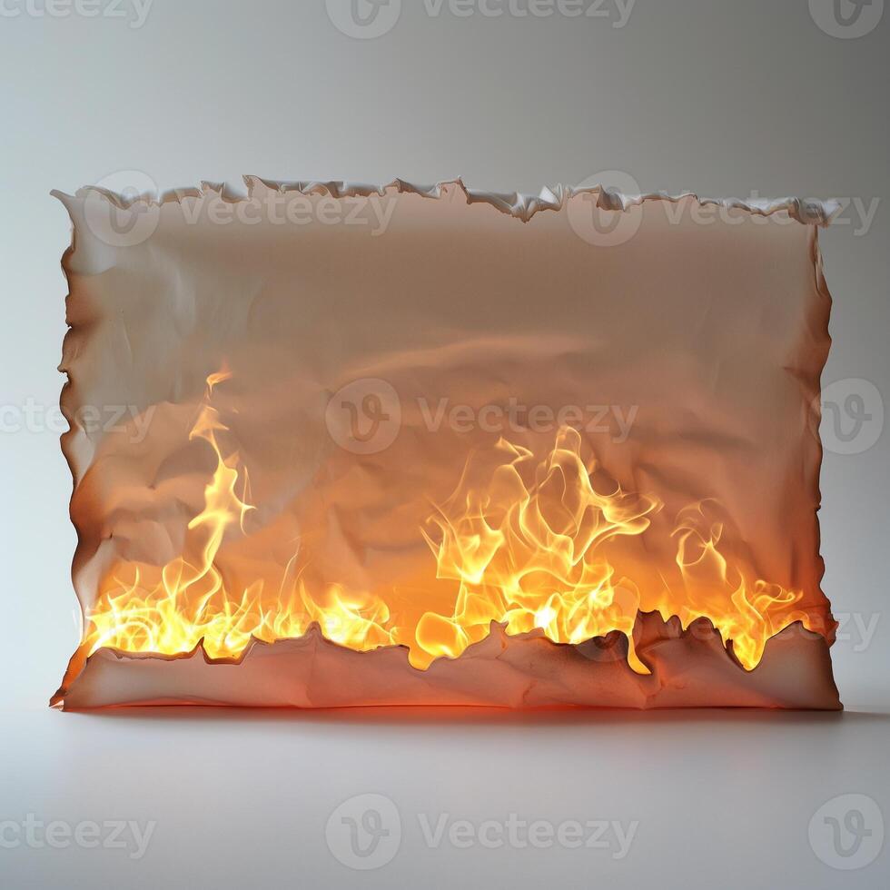 Abstract depiction of fire emerging from crumpled paper, creating a dynamic contrast of textures and vibrant flames. photo