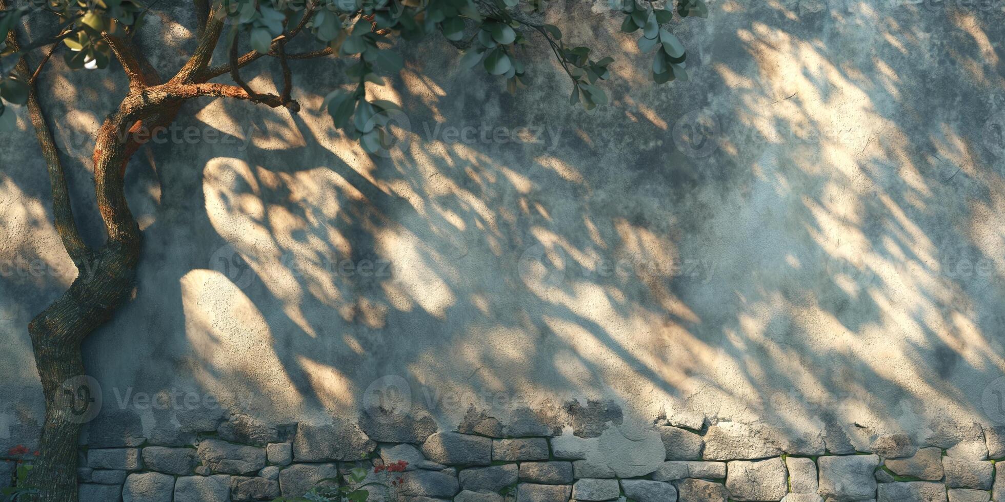 An artistic interplay of light and shadow on a textured wall with a tree branch casting intricate patterns. photo