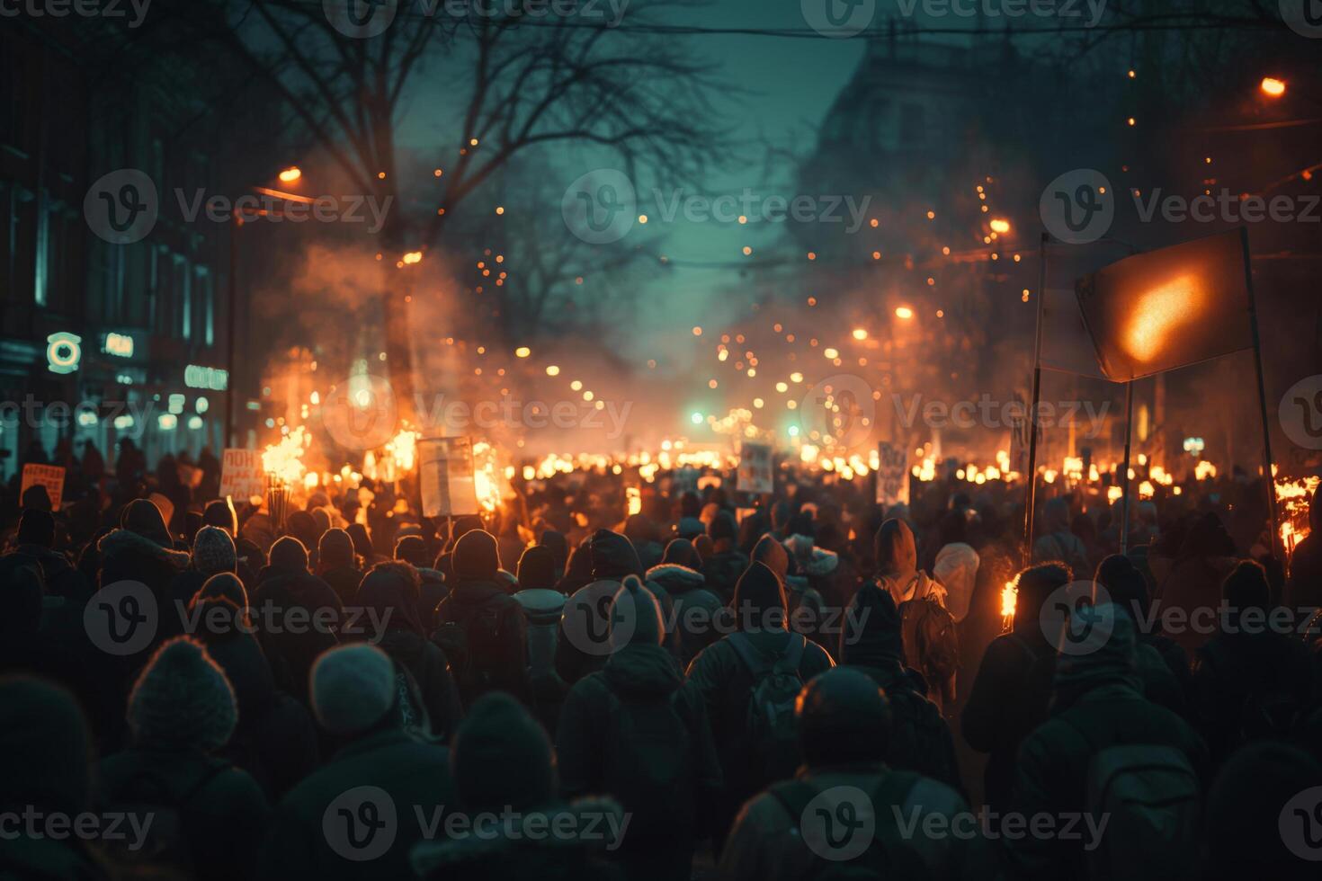 A diverse crowd marches through the night, carrying torches and banners in a powerful display of solidarity and protest. photo