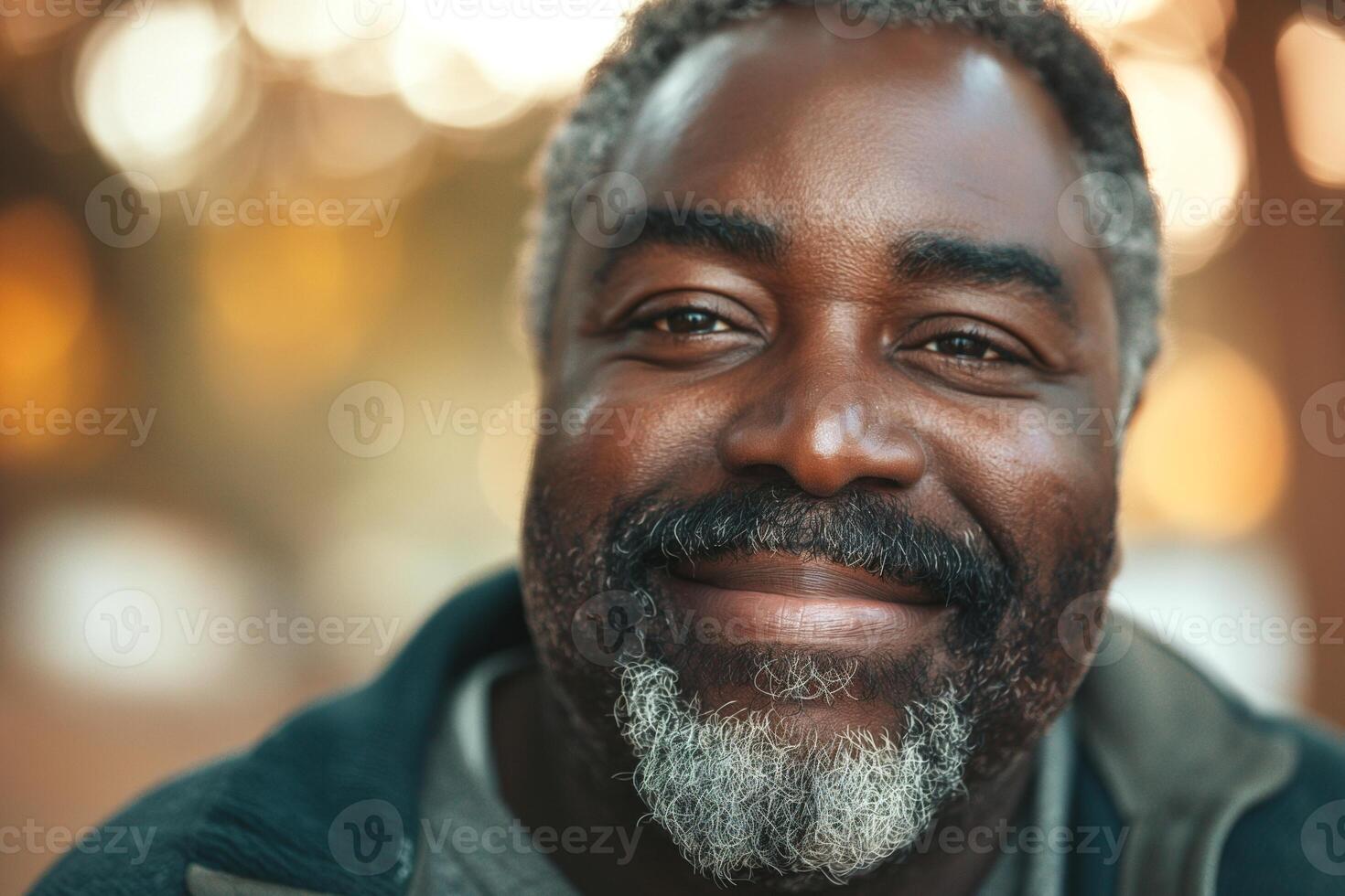 Smiling African American man with a gray beard in soft, warm light, exuding joy and contentment. photo