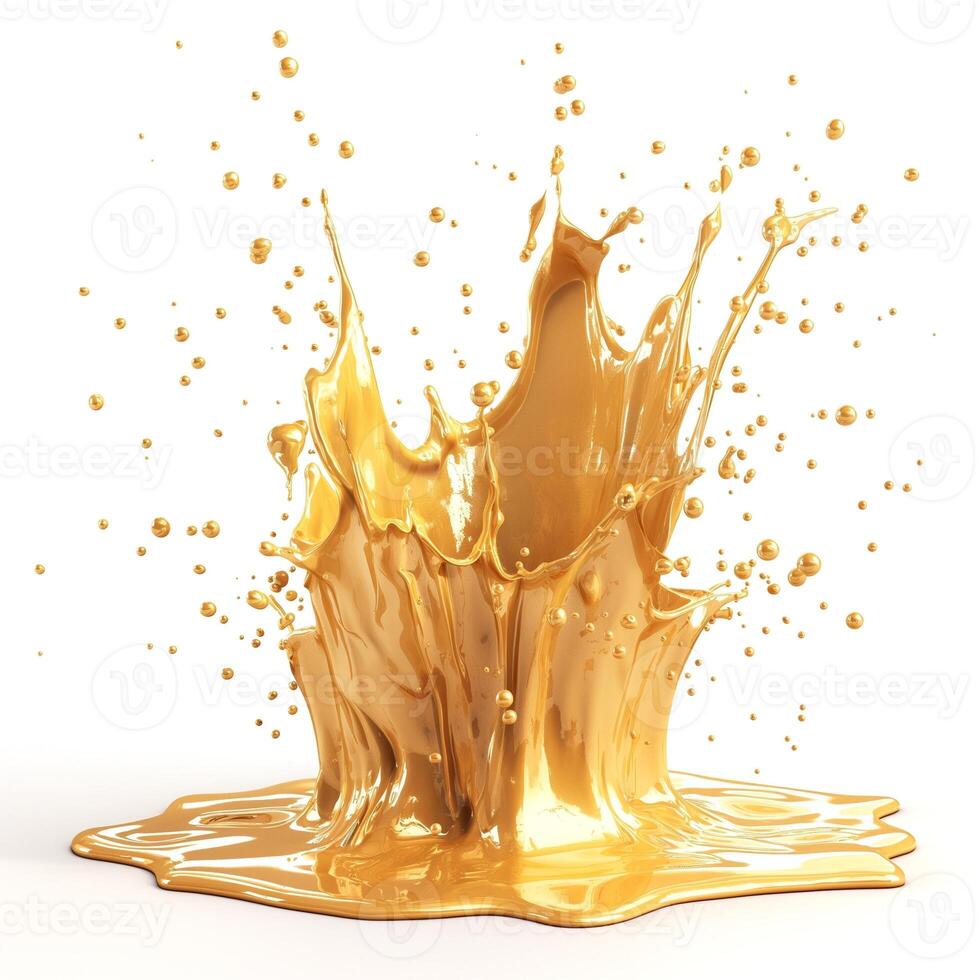 A vibrant splash of golden liquid, creating dynamic shapes and droplets against a clean white background. photo