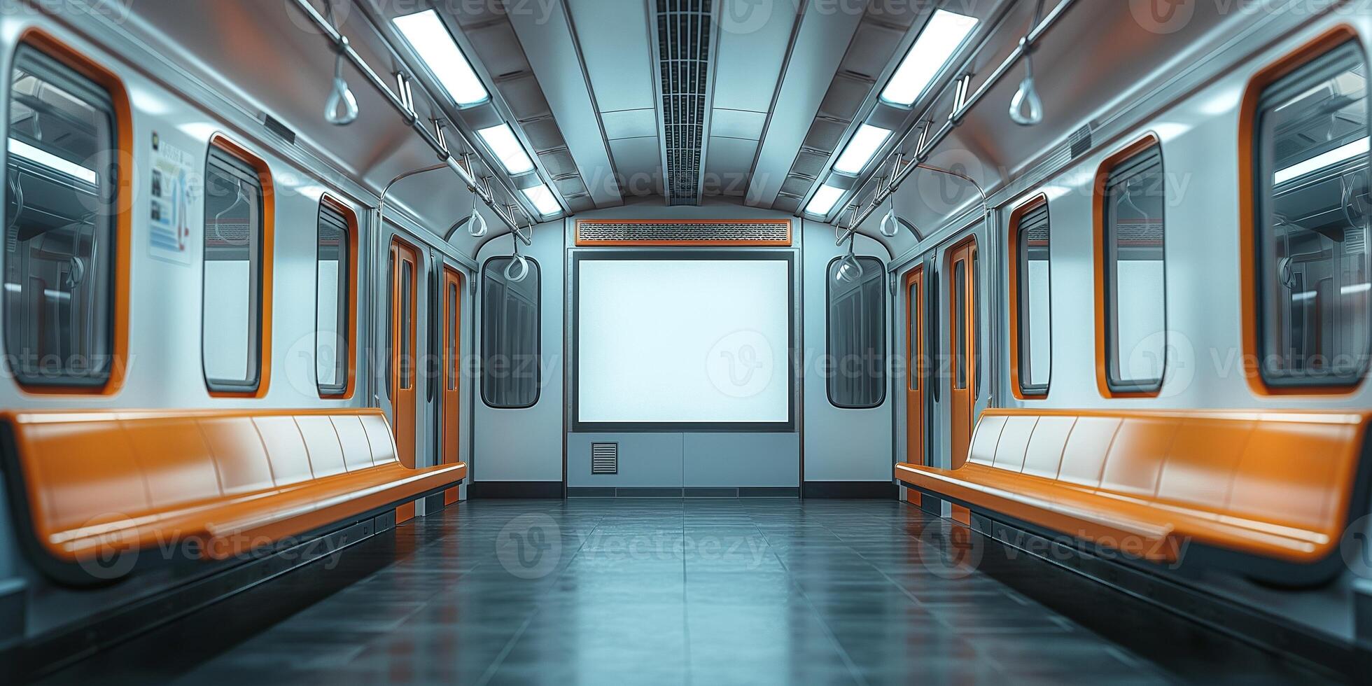 Empty modern subway train interior with orange seating and illuminated white panels. photo