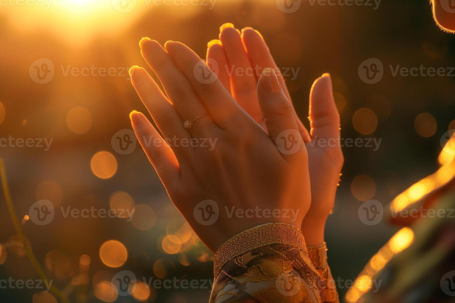 A close-up of clasped hands at sunset, with warm golden tones and a sparkling background creating a serene atmosphere. photo