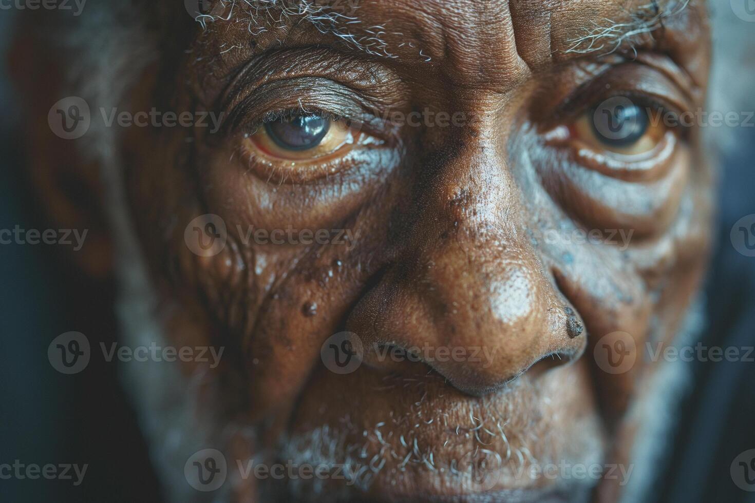 Close-up portrait of an elderly Black man, showcasing his expressive eyes and textured skin. photo