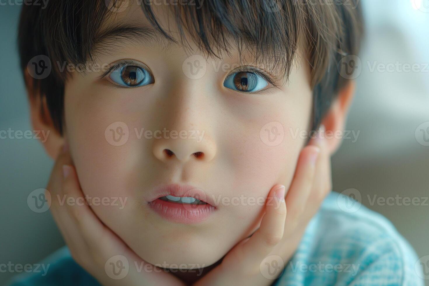 A thoughtful young boy with light brown hair, resting his chin on his hands and gazing thoughtfully into the distance. photo