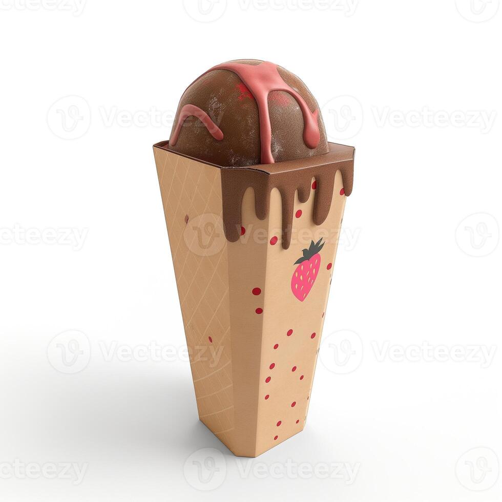 A delectable chocolate ice cream in a strawberry-themed cone dripping with syrup. photo